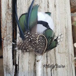 Hunter Green, Fishing Boutonniere, White, Black, Gray, Green, Emerald, Feathers, Buttonhole, lapel, Pin-on, Corsage, Prom, Wedding, Event image 2