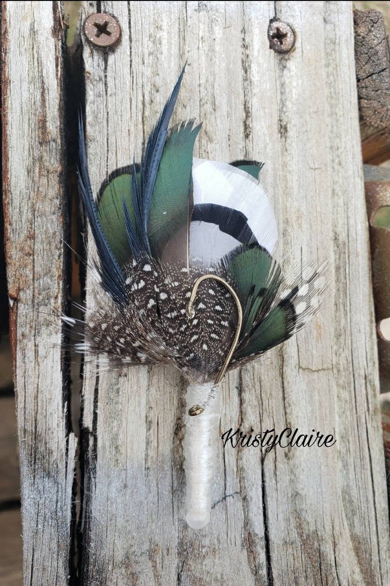 Hunter Green, Fishing Boutonniere, White, Black, Gray, Green, Emerald, Feathers, Buttonhole, lapel, Pin-on, Corsage, Prom, Wedding, Event image 2