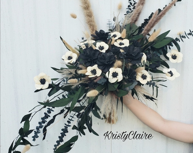 Crescent Sola Wood Flower Bridal Bouquet, Black, Boho, Oval, Wedding Bouquet, Preserved, Wedding, Pampas Grass, Eucalyptus, Dahlia, Anemone