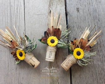 Sunflower Wine Cork Boutonniere With Wheat, Grass, Thistle & Pheasant Feathers, Buttonhole, Lapel, Pin-on, Corsage, Gift, Wedding, Groom