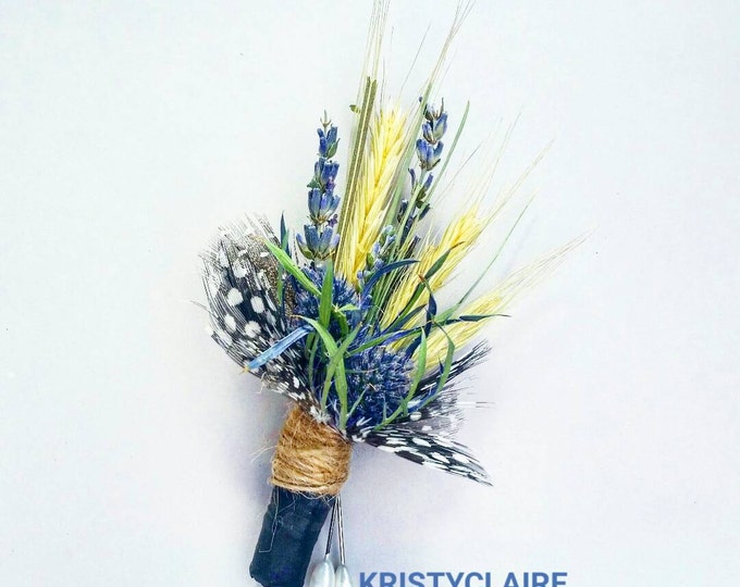 Rustic Wheat, Lavender & Thistle Boutonniere, Buttonhole, Lapel, Pin-on, Corsage