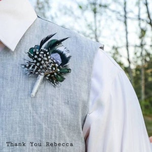 Hunter Green, Fishing Boutonniere, White, Black, Gray, Green, Emerald, Feathers, Buttonhole, lapel, Pin-on, Corsage, Prom, Wedding, Event image 5