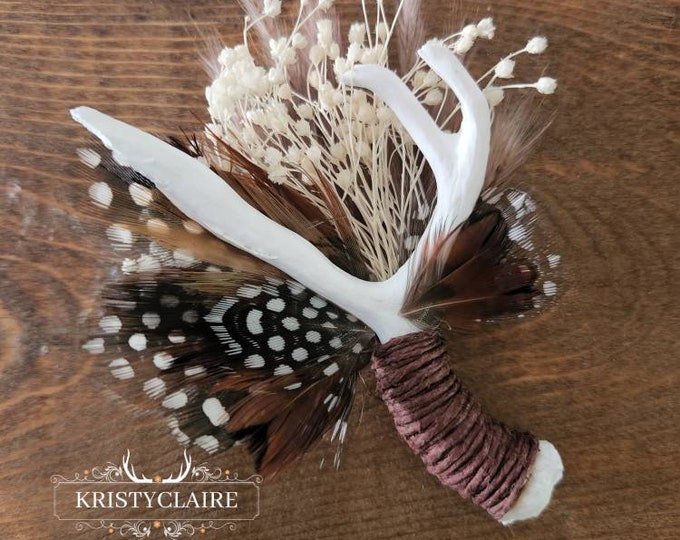 Antler Boutonniere With Brown Twine, Dried Babysbreath, Pampas Grass, Pheasant & Guinea Feathers, Buttonhole, Lapel, Faux, Resin, Taxidermy