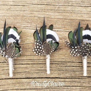 Hunter Green, Fishing Boutonniere, White, Black, Gray, Green, Emerald, Feathers, Buttonhole, lapel, Pin-on, Corsage, Prom, Wedding, Event
