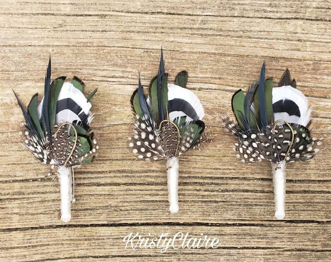 Hunter Green, Fishing Boutonniere, White, Black, Gray, Green, Emerald, Feathers, Buttonhole, lapel, Pin-on, Corsage, Prom, Wedding, Event