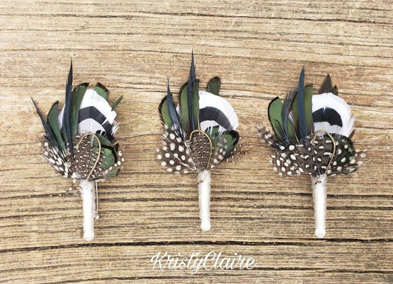 Hunter Green, Fishing Boutonniere, White, Black, Gray, Green, Emerald, Feathers, Buttonhole, lapel, Pin-on, Corsage, Prom, Wedding, Event image 1