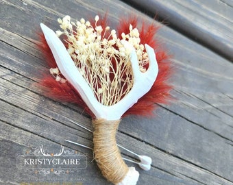Antler Boutonniere With Tinted Pampas Grass, Resin, Faux, Taxidermy, Babysbreath, Preserved, Orange, Rust, Wedding, Gift, Event
