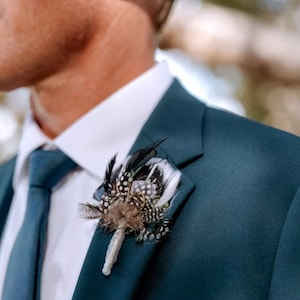 Hunter Green, Fishing Boutonniere, White, Black, Gray, Green, Emerald, Feathers, Buttonhole, lapel, Pin-on, Corsage, Prom, Wedding, Event image 9