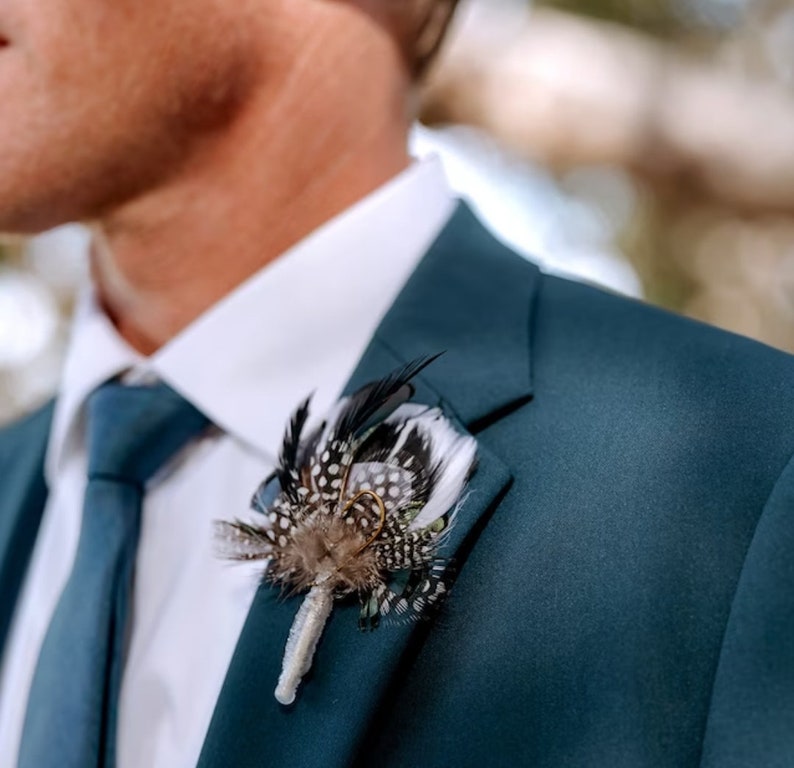 Hunter Green, Fishing Boutonniere, White, Black, Gray, Green, Emerald, Feathers, Buttonhole, lapel, Pin-on, Corsage, Prom, Wedding, Event image 9