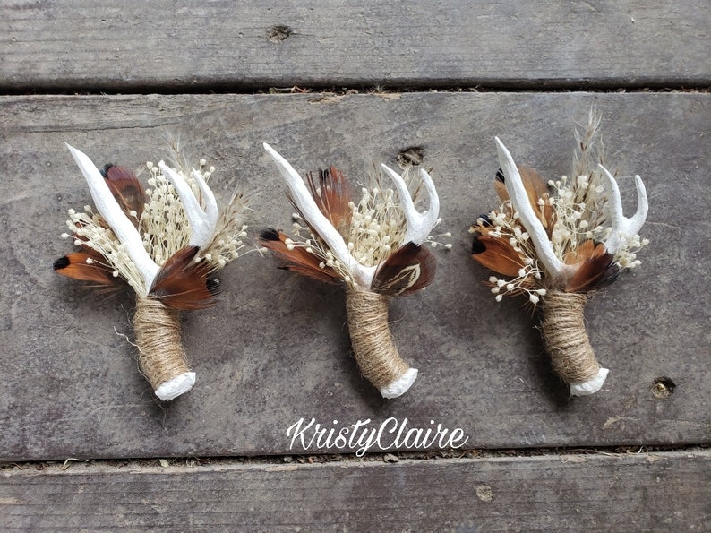 Antler Boutonniere W/ Dried Babysbreath, Pampas Grass & Pheasant Feathers, Buttonhole, Lapel, Twine, Faux, Resin, Pin-on, Corsage, Taxidermy image 2