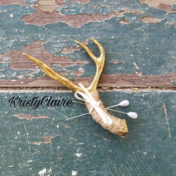 Gold Antler Boutonniere, Buttonhole, Lapel, Pin-on, Corsage, Faux, Mini Antler, Taxidermy