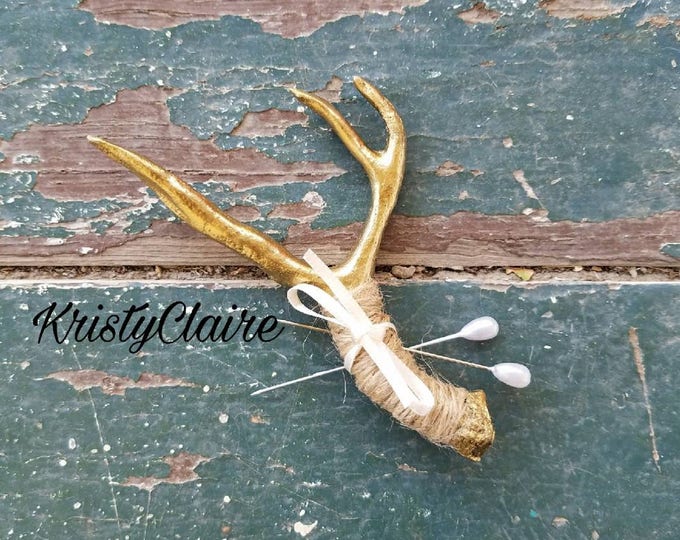 Gold Antler Boutonniere, Buttonhole, Lapel, Pin-on, Corsage, Faux, Mini Antler, Taxidermy