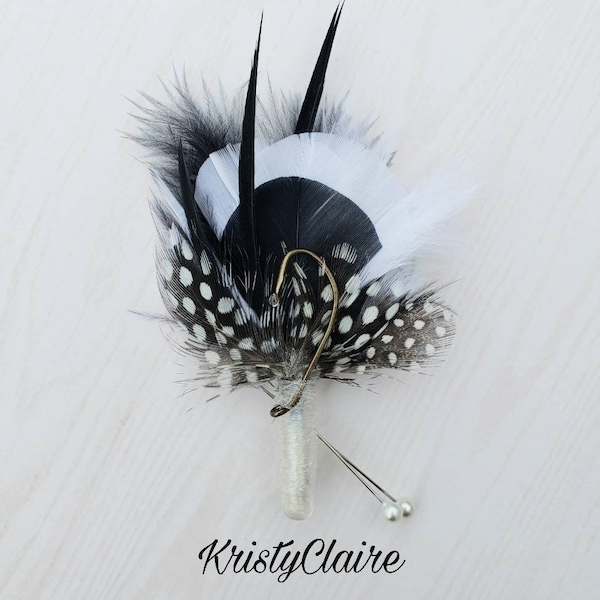 Fishing Boutonniere, White, Black, Feathers, Buttonhole, lapel, Pin-on