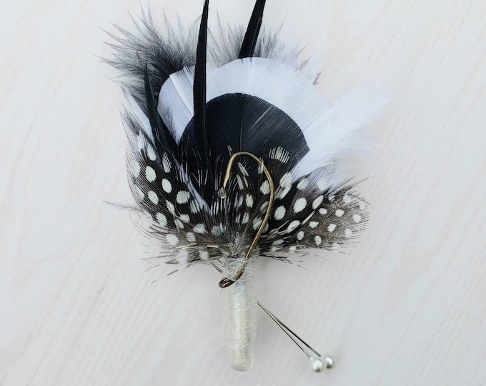 Fishing Boutonniere, White, Black, Feathers, Buttonhole, lapel, Pin-on