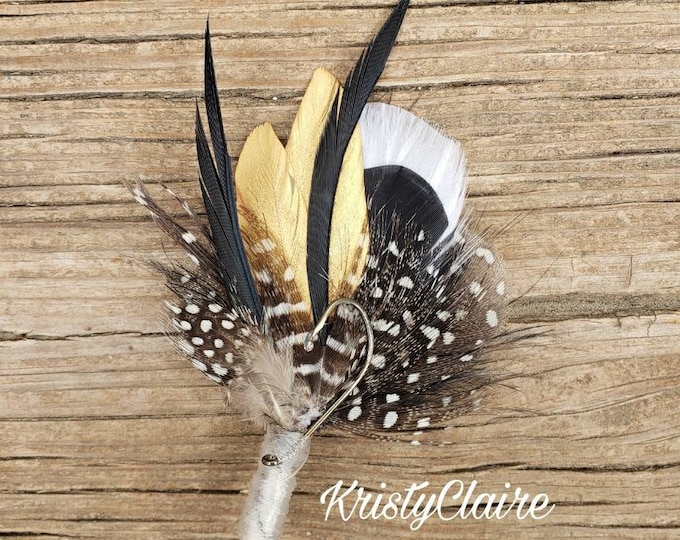 Fishing Boutonniere, White, Black, Gold Feathers, Buttonhole, lapel, Pin-on, Corsage, Wedding, Event, Groom, Prom, Dance, Party, Gift