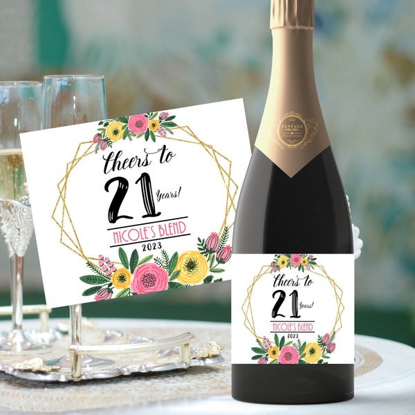 PRINTED Personalized 21st Birthday Champagne Label, Floral Cheers to 21 years Champagne Label, Birthday Gifts, Milestone Birthday Gifts  BCA