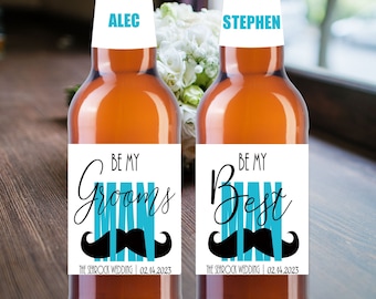 PRINTED Proposal Beer Bottle Label Groomsman, Best Man, Usher, Mustache design, Personalized wedding Party beer labels CWF