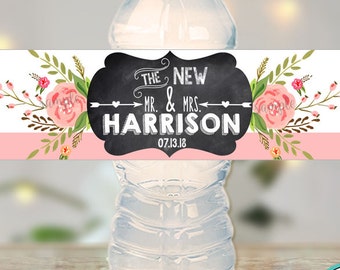 Chalkboard  Floral Design Personalized Wedding Water Bottle Labels -Bachelorette favors-Birthday Labels-Wedding favor- Custom