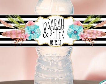 Floral Stripes Personalized  Wedding Water bottle label-Glitter wedding favors-Wedding favor-Bachelorette favors-Bridal Waterproof