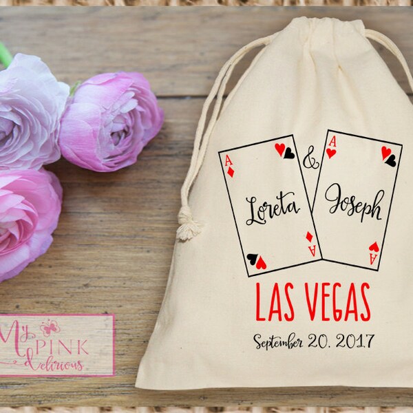 Personalized  Wedding Muslin Bag - Las Vegas Poker Cards - Mini Favor bag - Bachelorette Party welcome bag - Muslin favor bag-Wedding favor