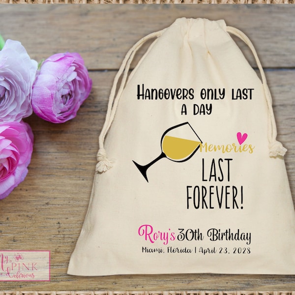 30th Birthday Hangover Kit Birthday, 40th Birthday bags,  50th Birthday Survival Kit, Muslin   favor Bag - Custom Mini Favor bag