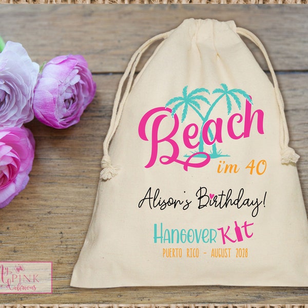 Palm Tree Beach  Hangover Kit Birthday   Muslin   favor Bag - Custom 40th Birthday, 50th Birthday gift Birthday Hangover kit -Birthday Kits