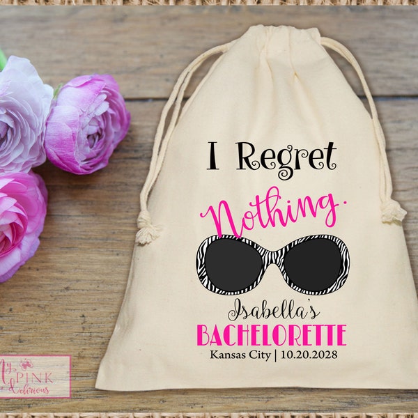 Bachelorette Party  Muslin Bag -Hangover Kit-I regret nothing Zebra Sunglasses - Mini Favor bag -Bridal shower bag-custom muslin bag