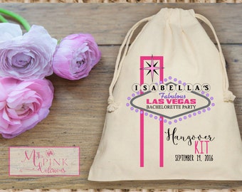 Las Vegas Pink Hangover Kit Bachelorette Muslin Bag - Custom Mini Favor bag - Bridal shower bag-Recovery kit