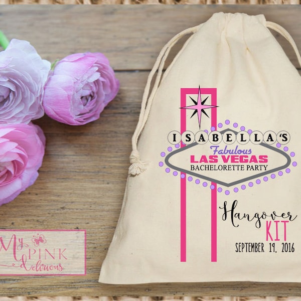 Las Vegas  Pink Hangover Kit  Bachelorette  Muslin  Bag - Custom Mini Favor bag - Bridal shower bag-Recovery kit, Birthday Favor Gift