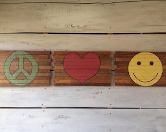 Hand Painted Reclaimed Wood Sign, Peace Love Happiness, Farmhouse Wall Decor, 3 piece