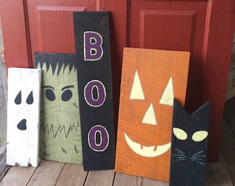 Rustic Reclaimed Wood Halloween Decor, Ghost, Cat, Pumpkin, Frankenstein 5-Piece Set