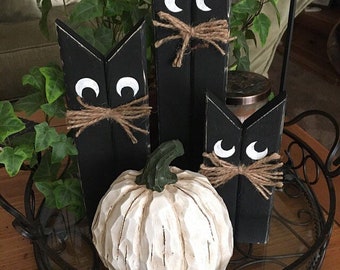 Hand Painted Wood Black Cats, Rustic Halloween Decor, Set of 3