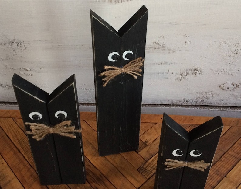 Black Cats Halloween Decor Wooden Cats Primitive Halloween Etsy