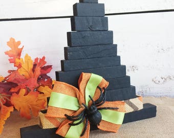 Rustic Wood Witch Hat, Halloween Decor with Spider