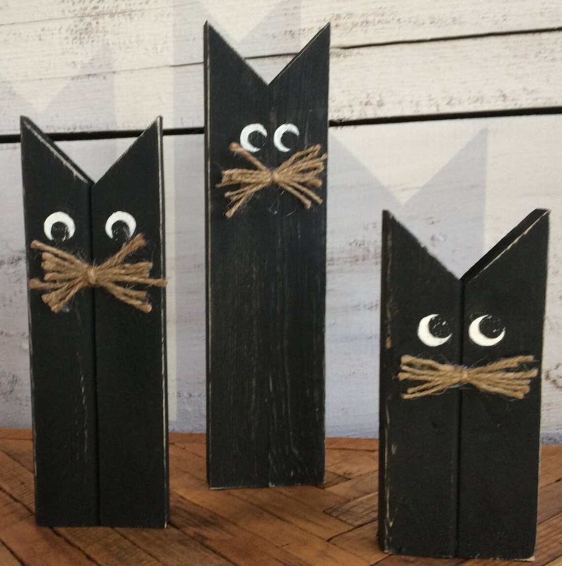Black Cats Halloween Decor Wooden Cats Primitive Halloween Etsy