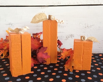 Hand Painted Wood Pumpkins, Rustic Halloween Decor, Set of 3