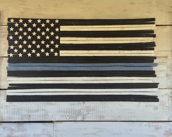Distressed Thin Blue Line Wood Flag, Reclaimed American Flag Wall Art