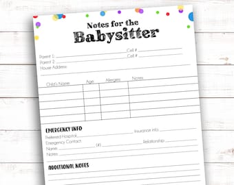 Child info  for Babysitter - Nanny - Form for Babysitter - Child information - Emergency contact sheet - Babysitter Note - Medical info