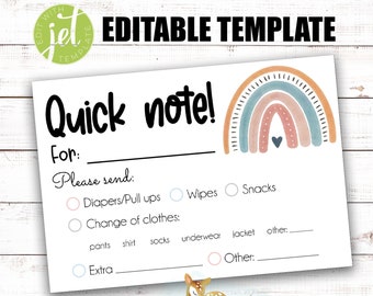 EDITABLE Quick Note - Boho Rainbow Daycare Note home - Daycare slip- Printable - Editable Template - Daycare Quick Note - Home Daycare