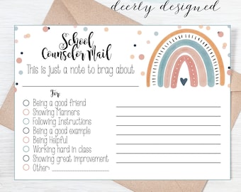 Boho Rainbow School Counselor - Note from the Counselor - Report - Good Report from Teacher Printable - Teacher Brag - Reward Note home