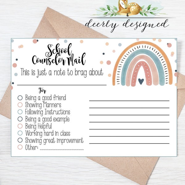 Boho Rainbow School Counselor - Note from the Counselor - Report - Good Report from Teacher Printable - Teacher Brag - Reward Note home