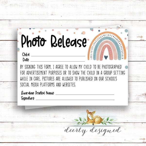 Daycare Preschool Photo Release Form - Photography Release - Daycare enrollment - New student forms - Childcare - Daycare - Boho Rainbow