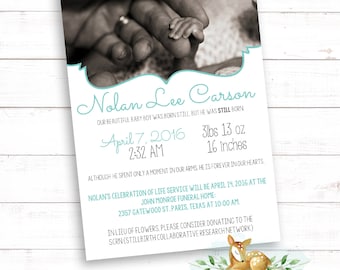 May include: A black and white photo of a baby's hand holding a finger. The photo is on a light blue background with the text "Nolan Lee Carson" and "April 7, 2016 2:32 AM 3lbs 13 oz 16 inches". The text also includes information about a celebration of life service.