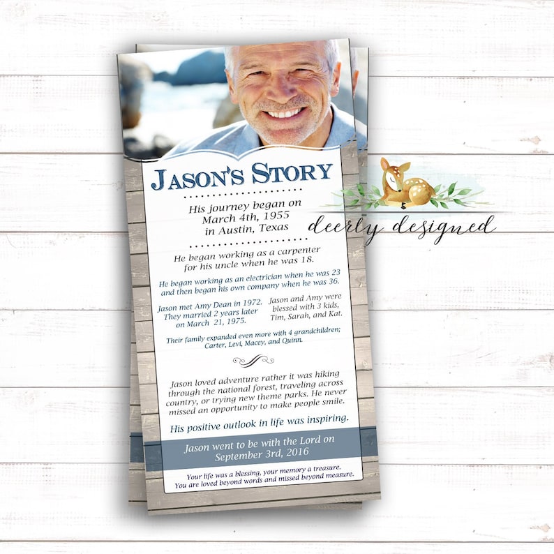 May include: A memorial card with a photo of a smiling man, text reads "Jason's Story" with dates and details of his life. The card has a wood-grain background and a deer illustration.