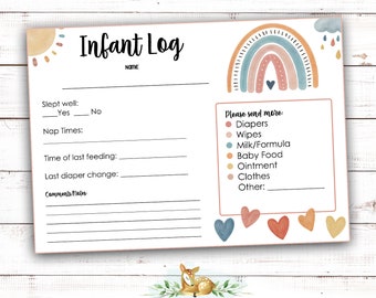 Op de afbeelding: Een printbaar babylogboek met een regenboog- en regendruppelontwerp. Het logboek bevat secties voor de naam van de baby, slaap, dutjes, voedingstijden, luierwissels en een ruimte voor opmerkingen. Het bevat ook een lijst met items om meer van te sturen, zoals luiers, doekjes, melk/formule, babyvoeding, zalf, kleding en andere.