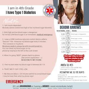 Pink T1D Medical Alert Information Child Information Emergency Contact Medical Info Type 1 Diabetes Editable Template T1D Info image 3