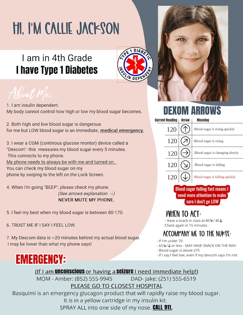 Pink T1D Medical Alert Information Child Information Emergency Contact Medical Info Type 1 Diabetes Editable Template T1D Info image 3