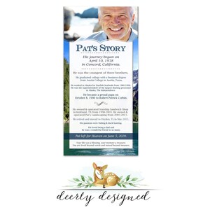 May include: A memorial card with a photo of a man smiling. The card has a blue background with white text that reads "Pat's Story". The text includes his life story and the date he passed away. The card also features a small illustration of a deer with green leaves.