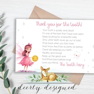 Note de la fée des dents - Note mignonne de fée des dents roses - Lettre de la fée des dents - De la fée des dents, Dent perdue, première dent, Lettre imprimable