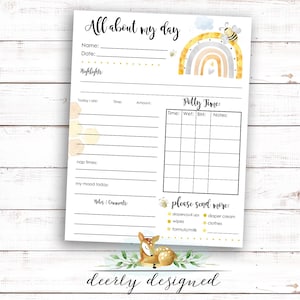 May include: A white daily childcare log sheet titled All about my day featuring a watercolor rainbow, a bee, and a fawn illustration. The form includes sections for name, date, highlights, food intake, nap times, mood, a potty time grid, and a checklist.